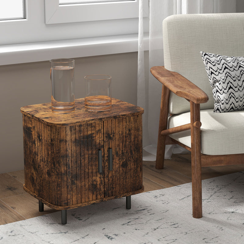 Nordic Bedside Table With Sliding Roller Doors And Metal Legs For Bedroom Rustic Brown