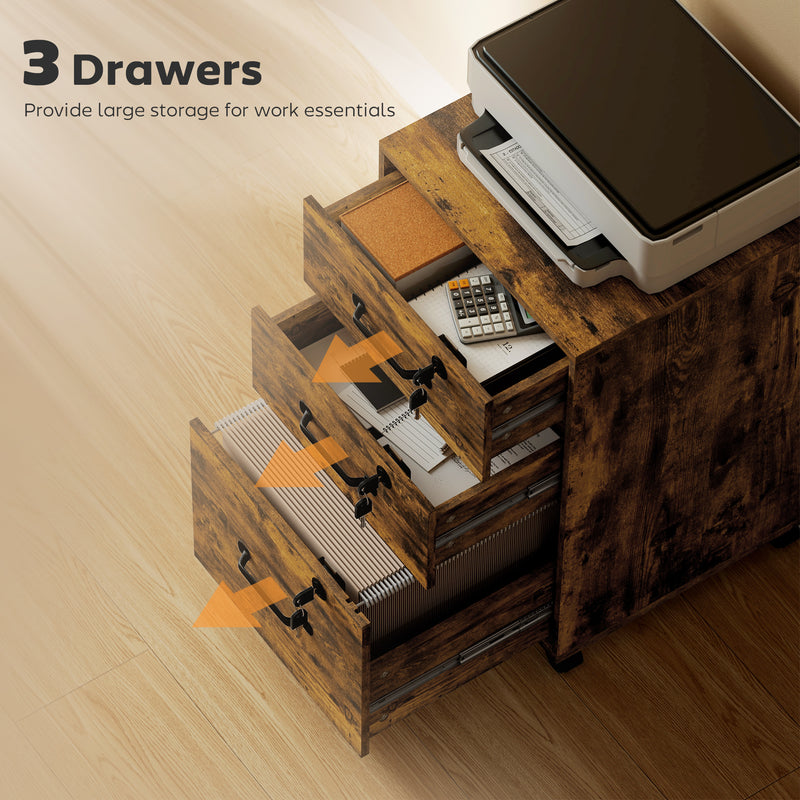 Three Drawer Wood Effect Filing Cabinet With Spacious Storage For Home Office, Rustic Brown