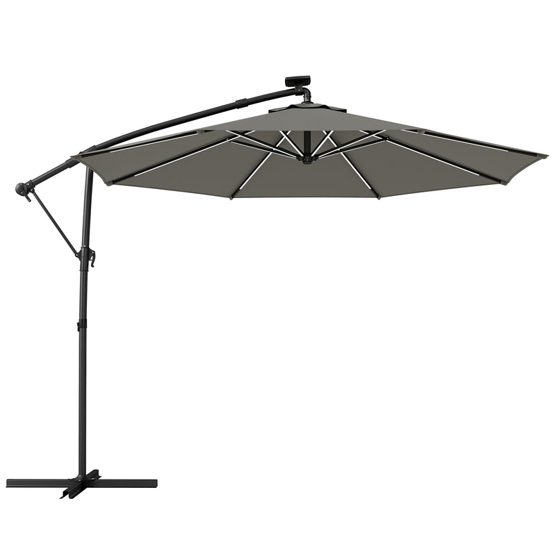 3m Cantilever Garden Parasol with LED Lights - UPF 30+ Adjustable Shade for Patio, Grey