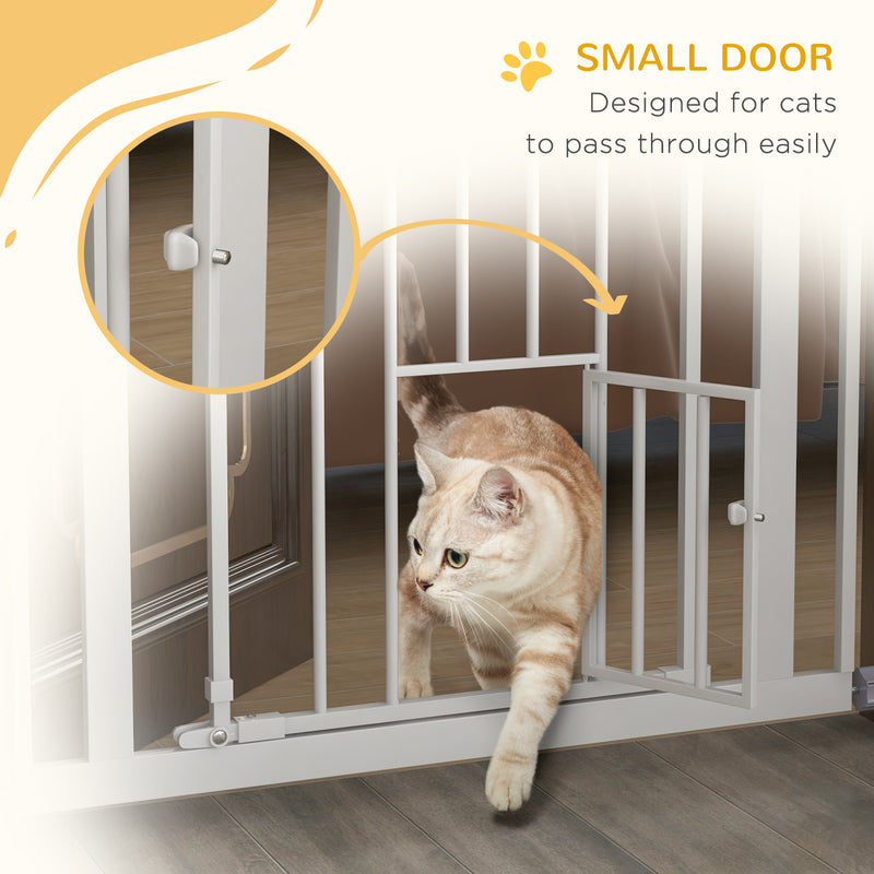 Extra Tall Indoor Dog Gate With Auto Close And Cat Flap Fits 74 To 80cm Wide White