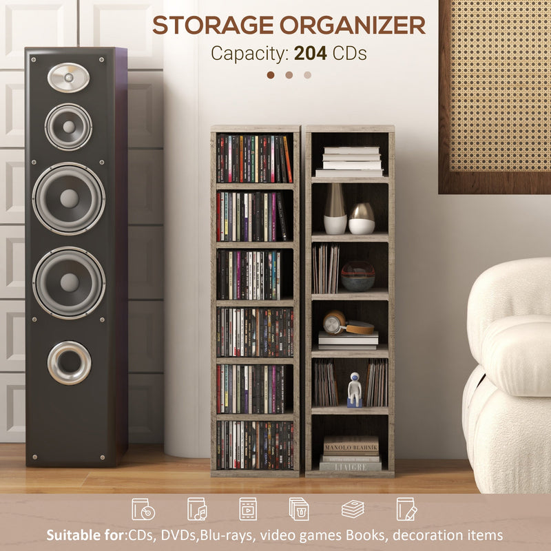 Storage organiser holding CDs, books and ornaments beside a speaker