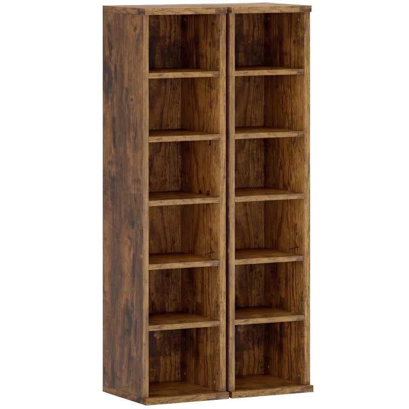 Pair of CD towers in a rustic wood-grain finish, front studio view