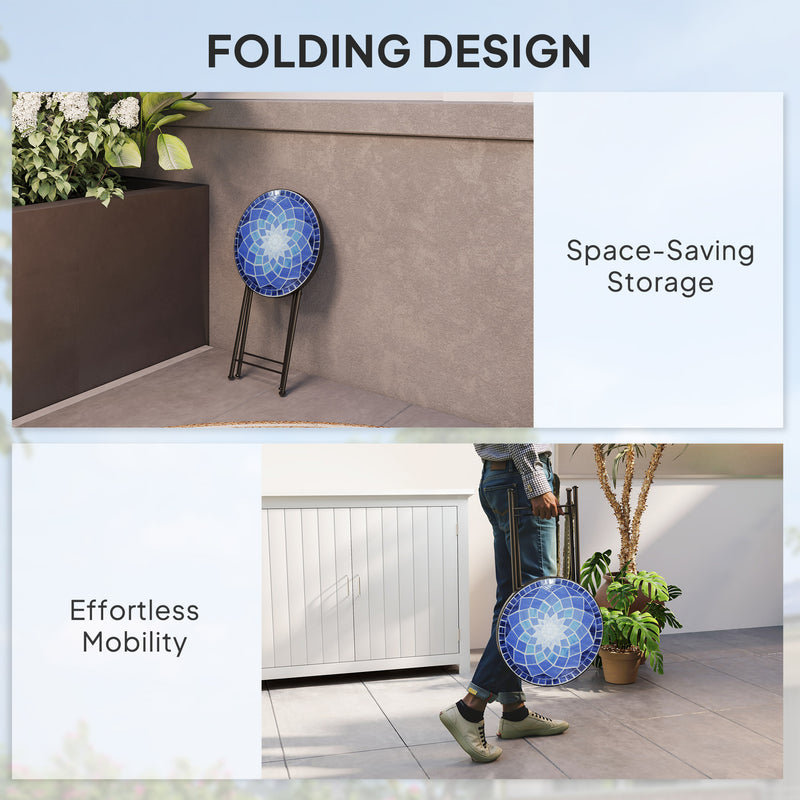 Folding Mosaic Garden Table for Patio or Balcony with Ceramic Top Navy Blue Outsunny