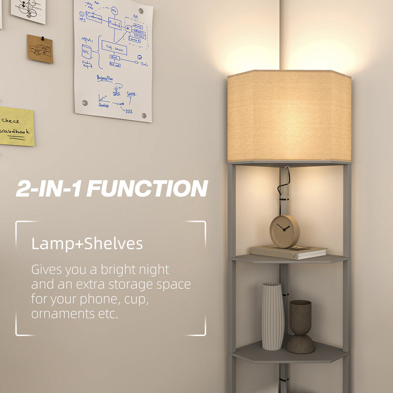 Grey Corner Floor Lamp with Shelves Tall Standing Light for Living Room Pull Chain Switch by HOMCOM