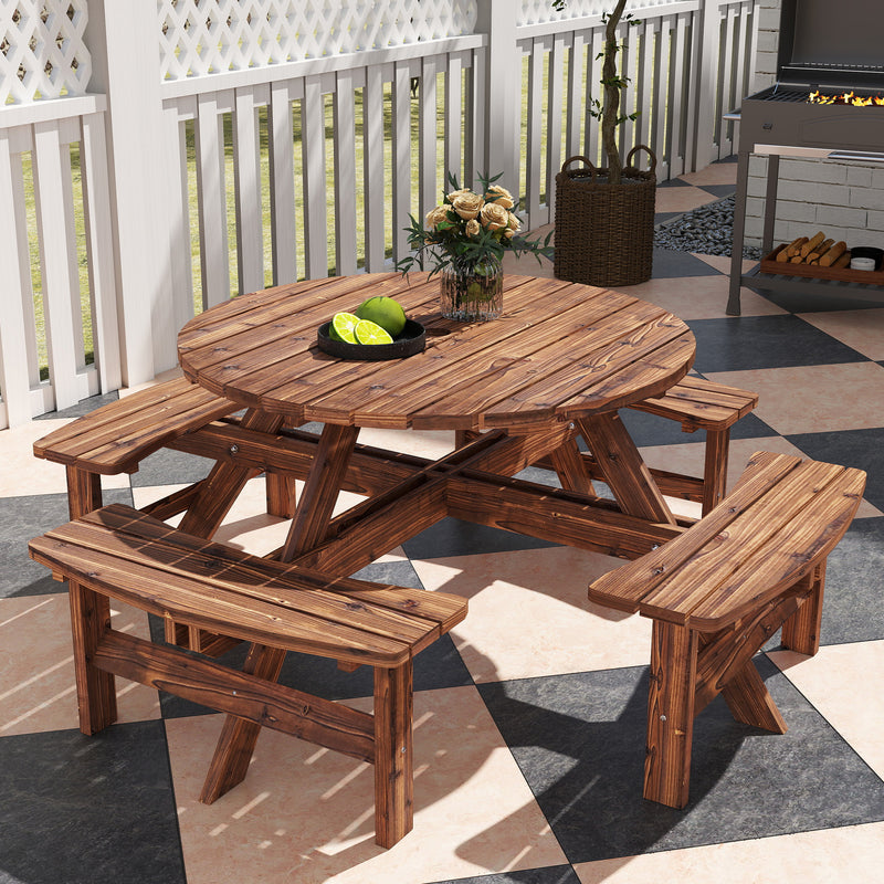 Wooden Garden Dining Set for 8 with Round Table and Benches Parasol Hole, Carbonised Wood Outsunny