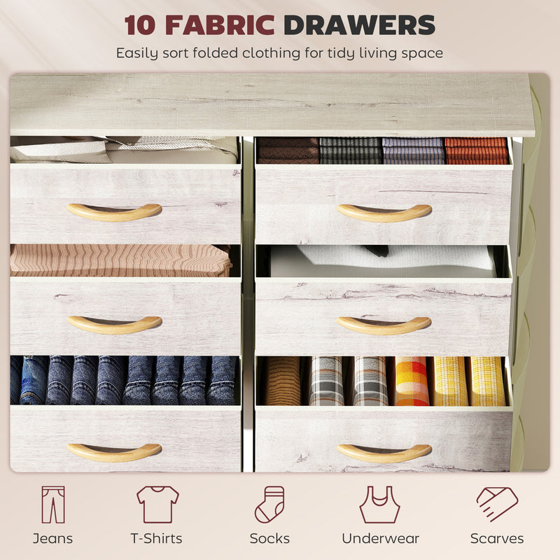 Tall Chest of 10 Fabric Drawers for Bedroom Storage with Wood Frame, Natural Finish