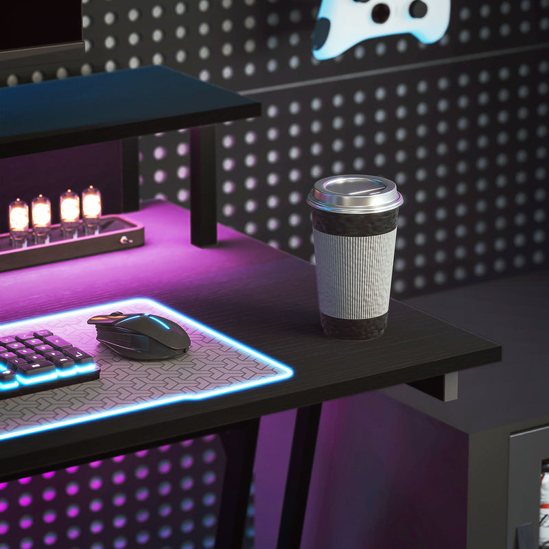 Black Gaming Desk with LED Lights and Power Outlets 100 x 60cm Z Shaped by HOMCOM