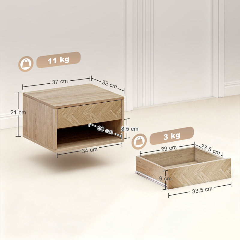 Floating Bedside Tables Set of 2 with Drawer and Shelf for Space Saving Storage Natural Wood AOSOM