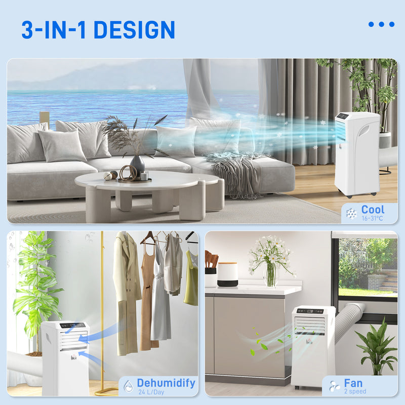 9000 BTU Portable Air Conditioner with Dehumidifier and Fan Cools Rooms up to 28m²