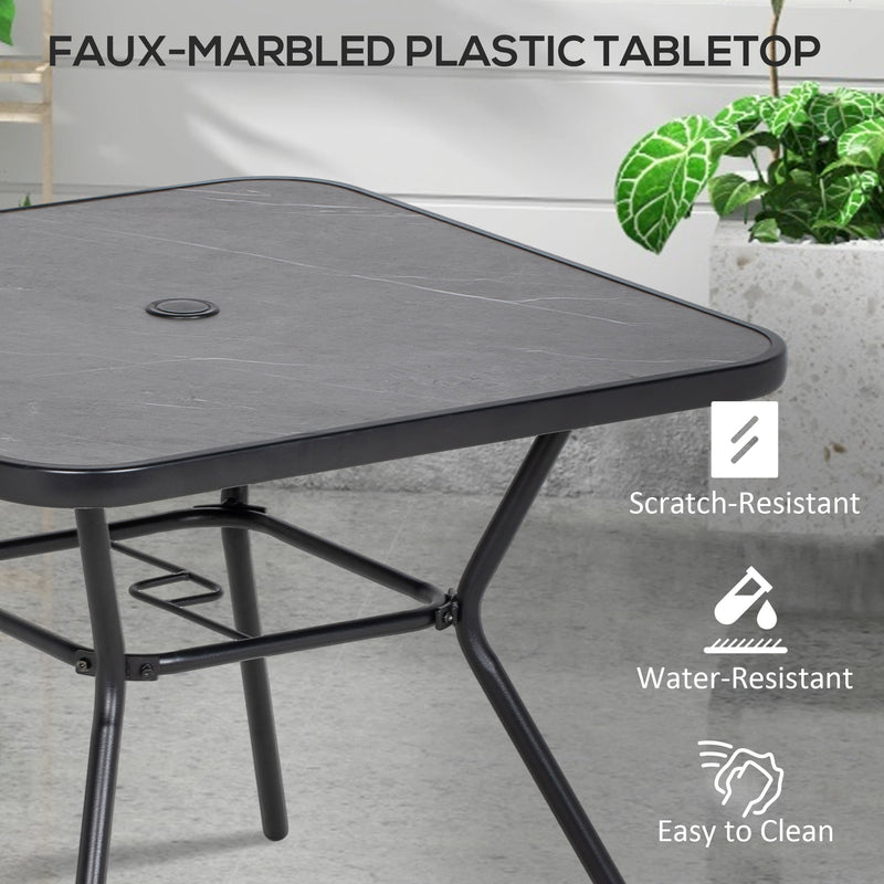 Square Garden Coffee Table With Faux Marble Top And Parasol Hole For Patio Use