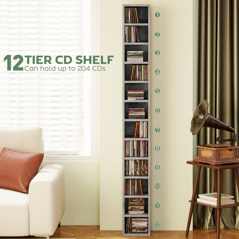 CD Storage Tower for 204 Discs Space Saving 12 Tier Unit for Organised Home Cement Grey