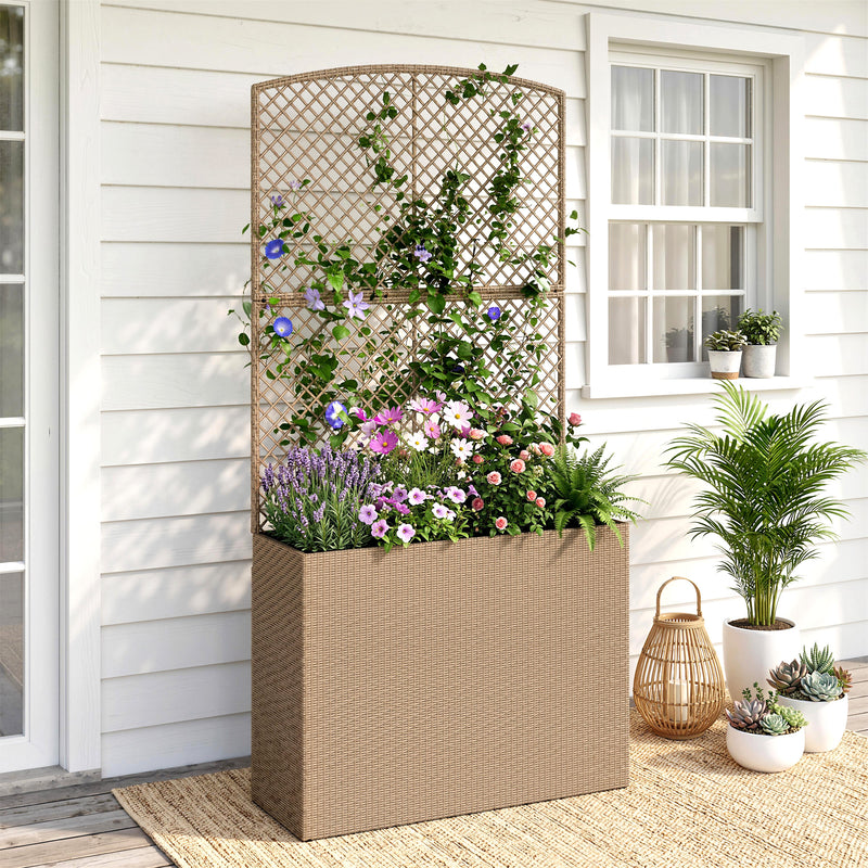 Raised Rattan Planter with Trellis for Upright Gardening and Climbing Plants Light Grey Outsunny