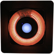 Underside view of the glowing halogen element ringing the blue LED light