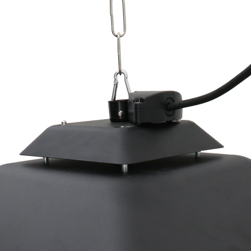 Close-up of the black aluminium canopy, hanging hook and power cable
