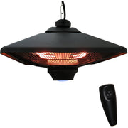 The lit heater shown alongside its handheld infrared remote control