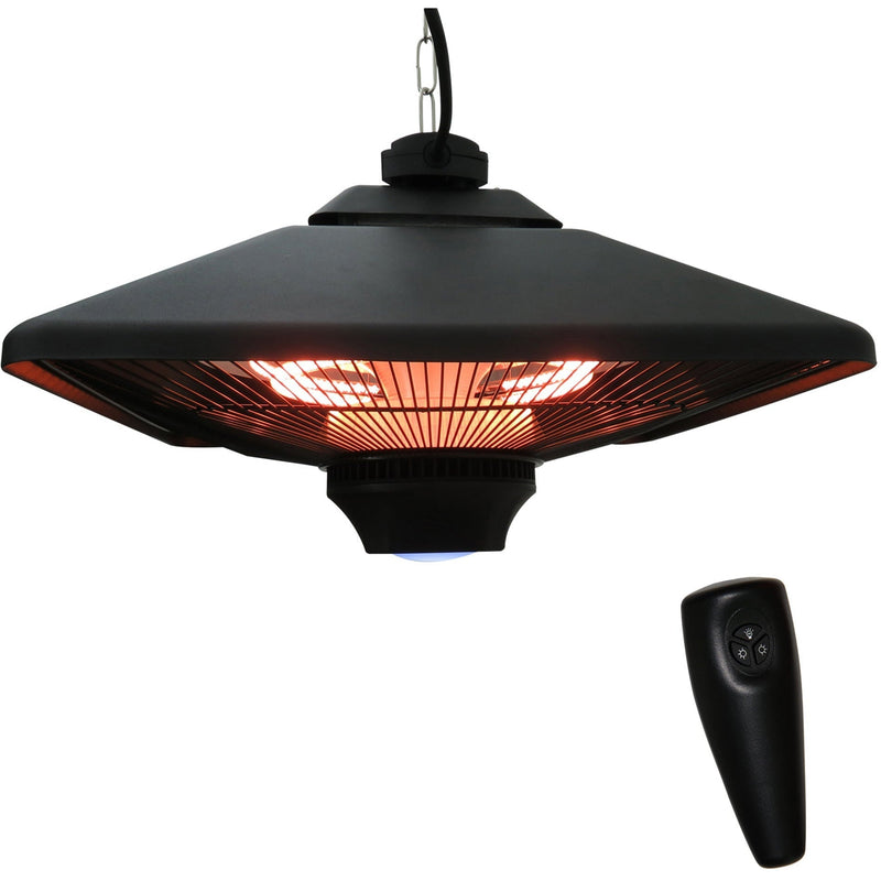 The lit heater shown alongside its handheld infrared remote control