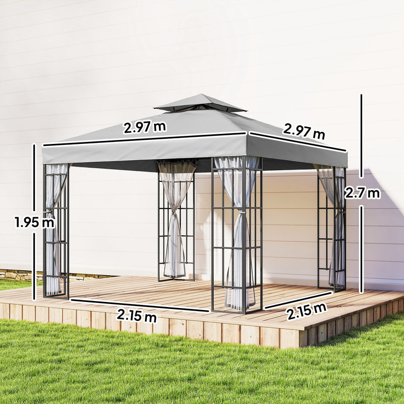 3x3m Garden Gazebo with Mesh Netting for Shaded Outdoor Entertaining, Light Grey Outsunny