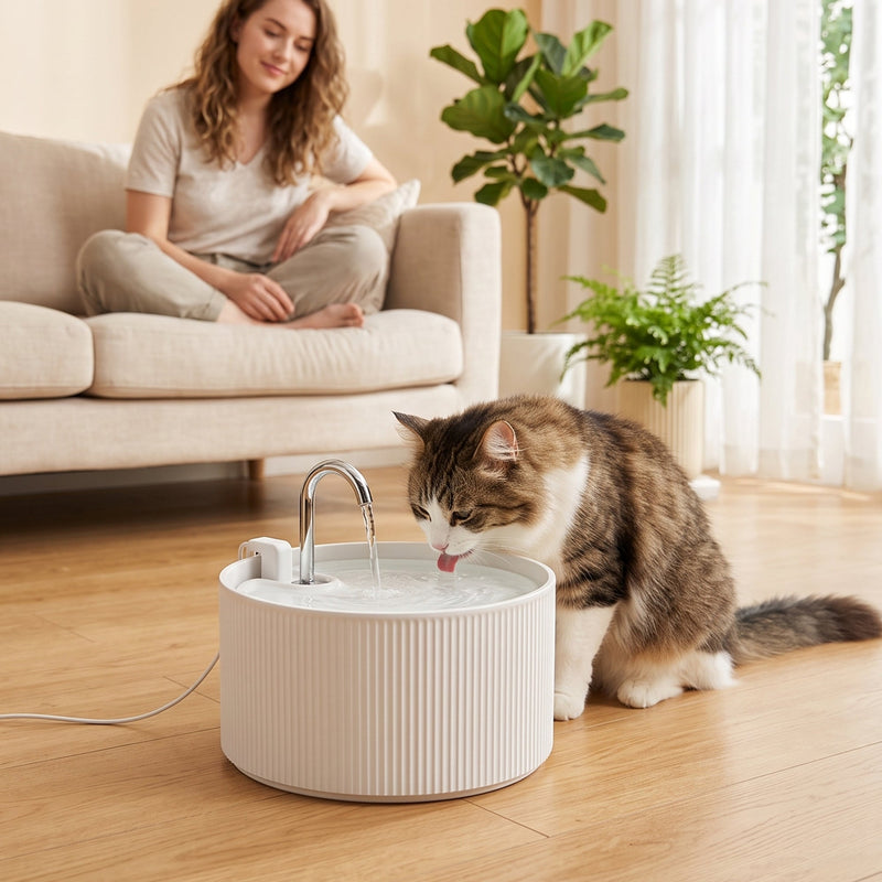 Cat drinking from the white ceramic pet fountain on a wooden living room floor