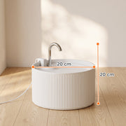 Dimensions diagram showing the cat water fountain at 20 cm across and 20 cm tall