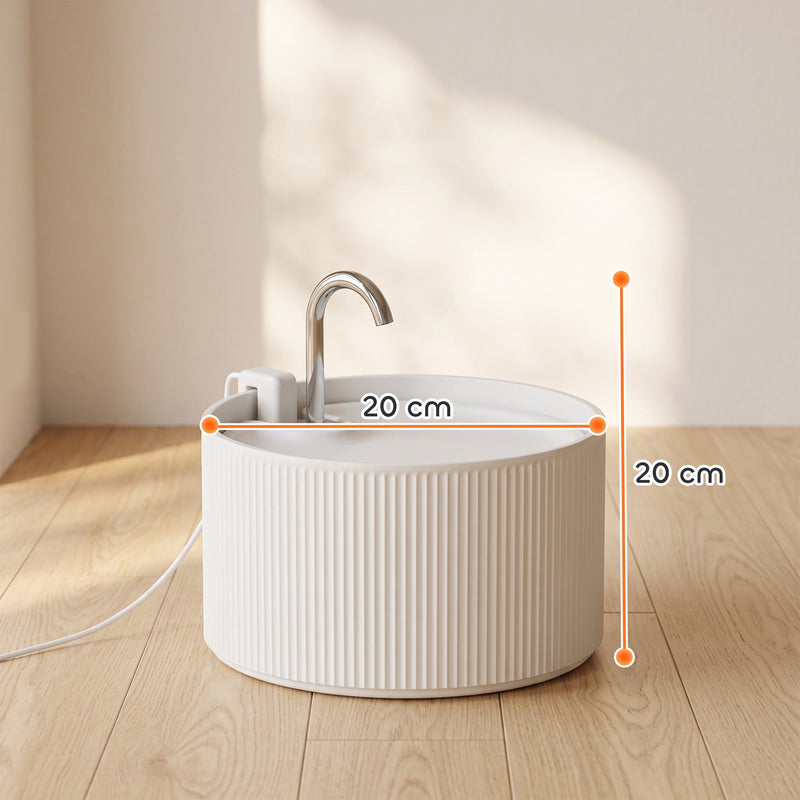 Dimensions diagram showing the cat water fountain at 20 cm across and 20 cm tall