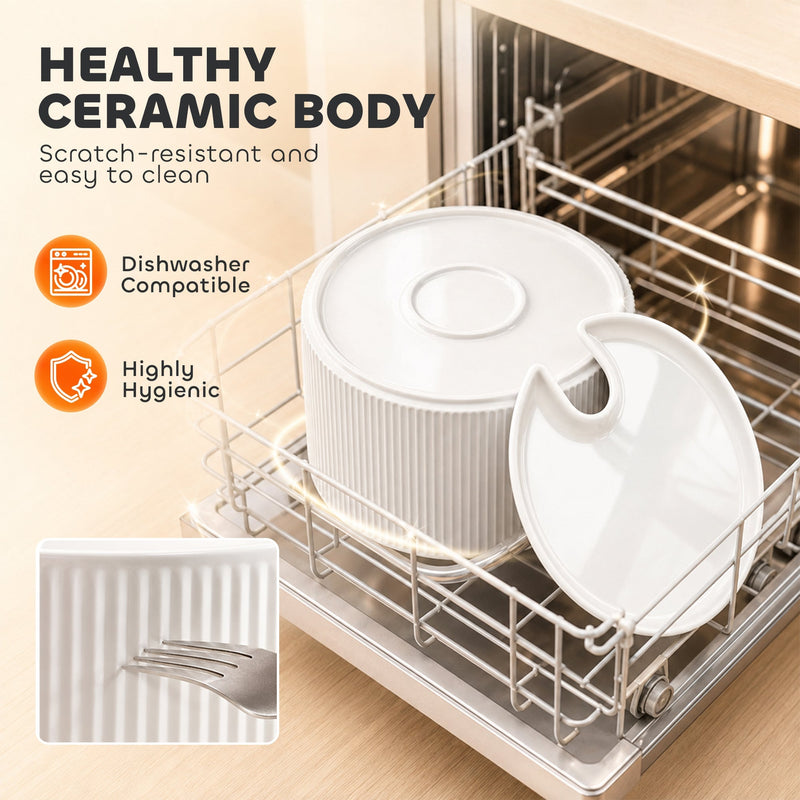 Ceramic fountain bowl and lid on a dishwasher rack with a scratch-resistance close-up