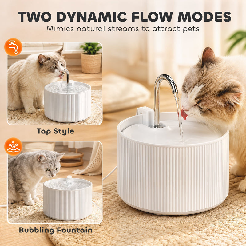Two flow modes shown side by side, tap style stream and bubbling fountain