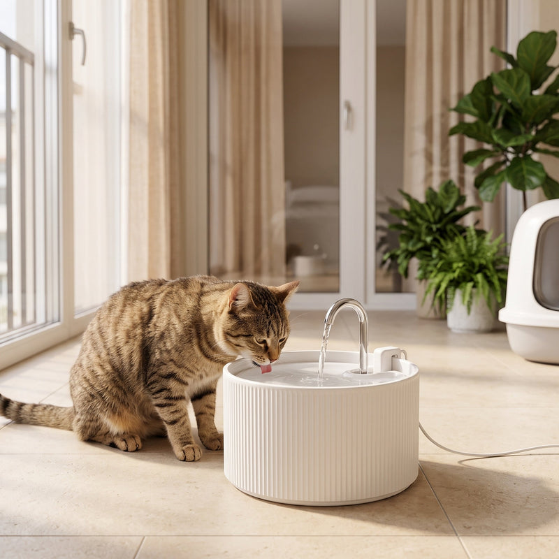 Tabby cat drinking from the ceramic fountain beside a sunny patio door