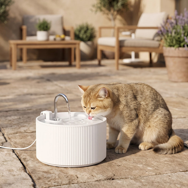 Ginger cat drinking from the white ceramic fountain on a stone patio