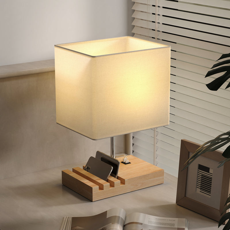 Modern Bedside Table Lamp with USB Charging Ports and Phone Stands for Bedroom White AOSOM