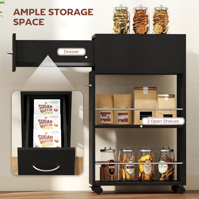 Slim Kitchen Storage Trolley with Drawer and Shelves for Narrow Spaces Black