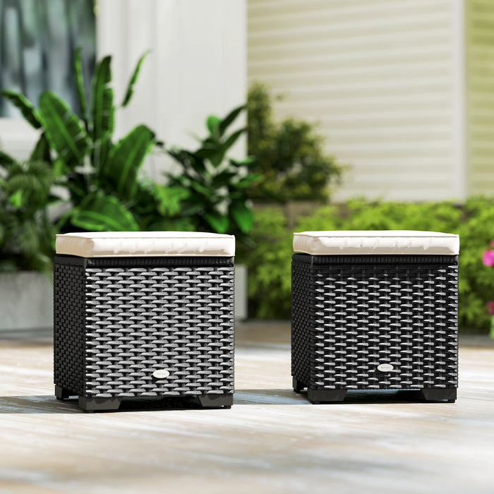 Set of 2 Rattan Storage Ottomans with Cushions for Garden Balcony and Poolside in Cream by Outsunny