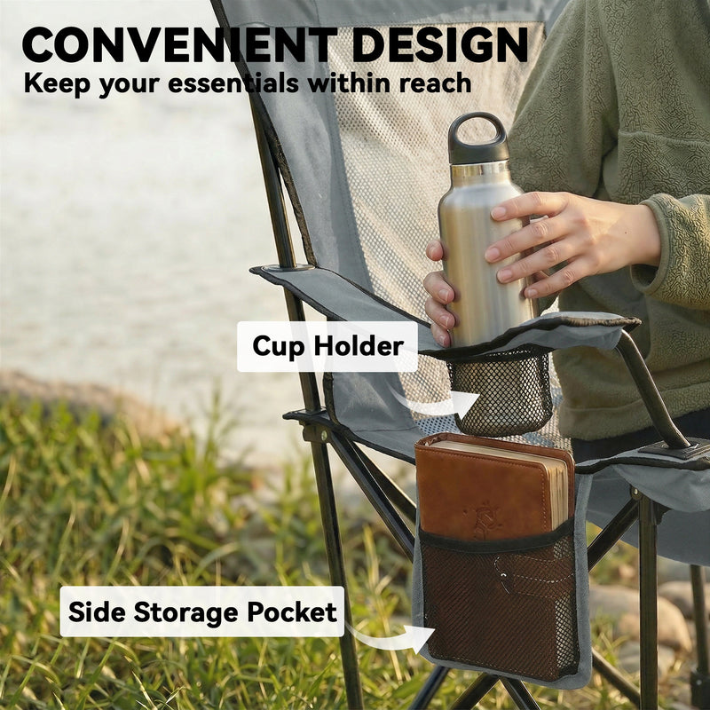Set of 2 Reclining Camping Chairs for Shared Outdoor Comfort with Cup Holders Grey Black