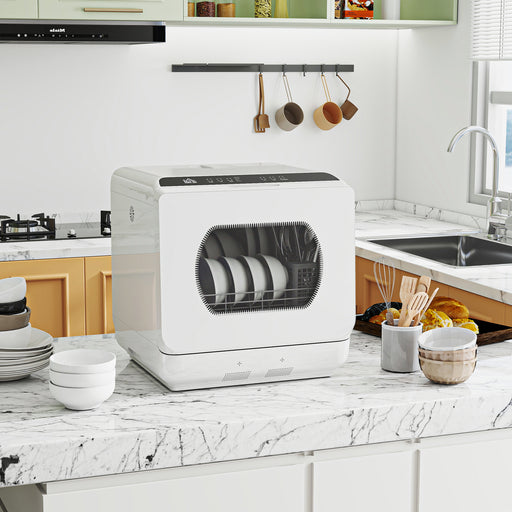 Compact Tabletop Dishwasher with 6L Capacity and Multiple Wash Programs, White