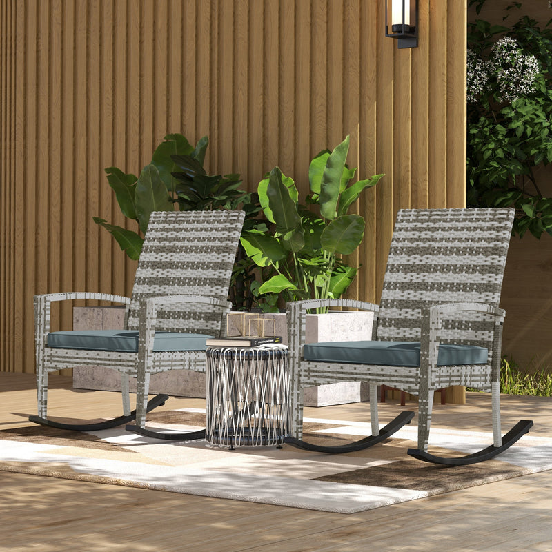 Set of 2 Rattan Garden Rocking Chairs with Cushions and Armrests for Patio Use, Light Grey