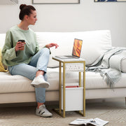 White C Shaped Side Table with USB Charging Station and Faux Marble Top for Living Room