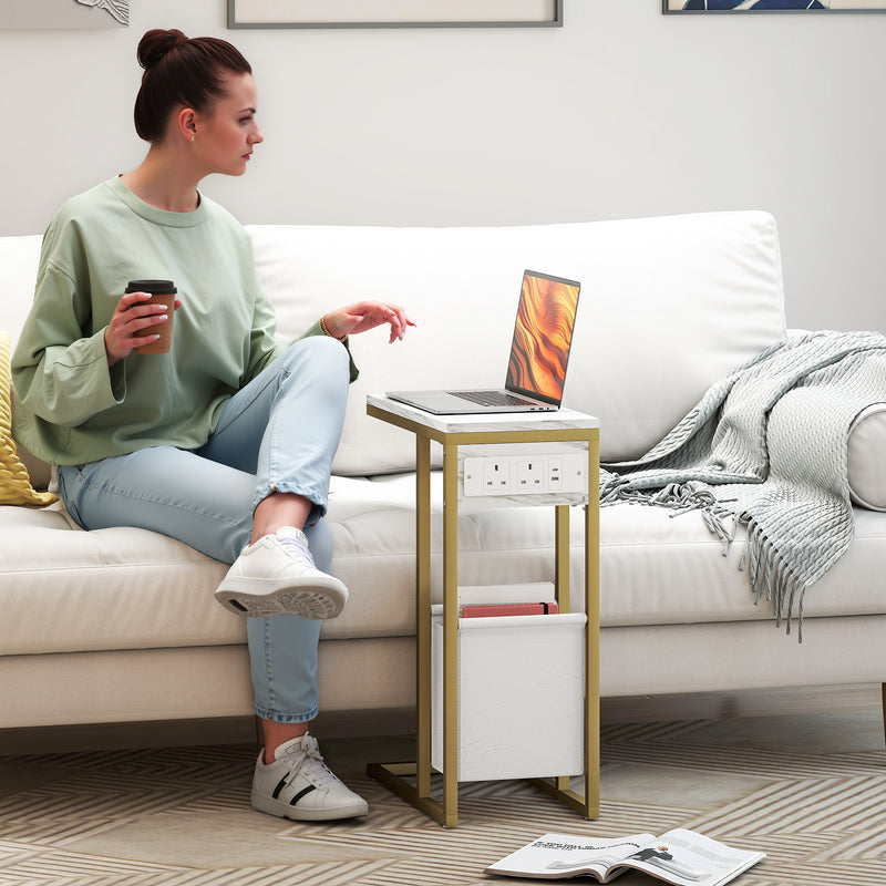 White C Shaped Side Table with USB Charging Station and Faux Marble Top for Living Room