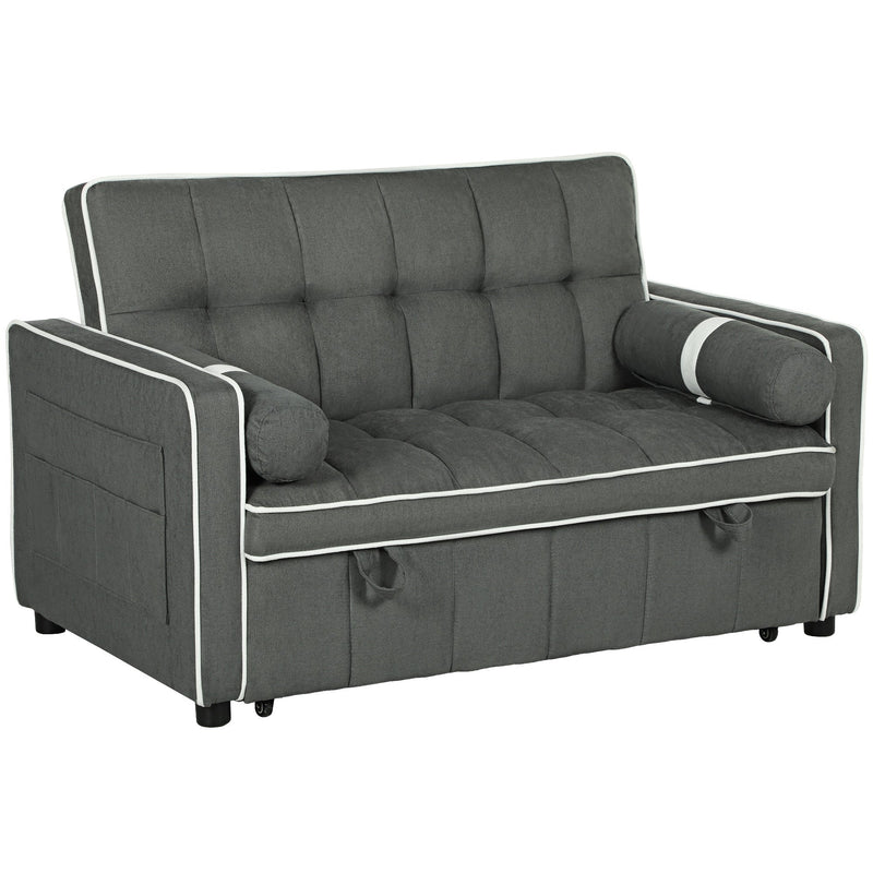 Charcoal grey 2-seater sofa bed with tufted cushions and white piping detail