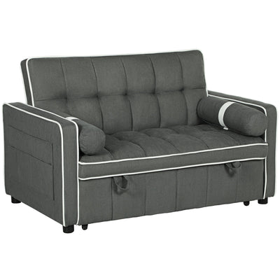 Charcoal grey 2-seater sofa bed with tufted cushions and white piping detail