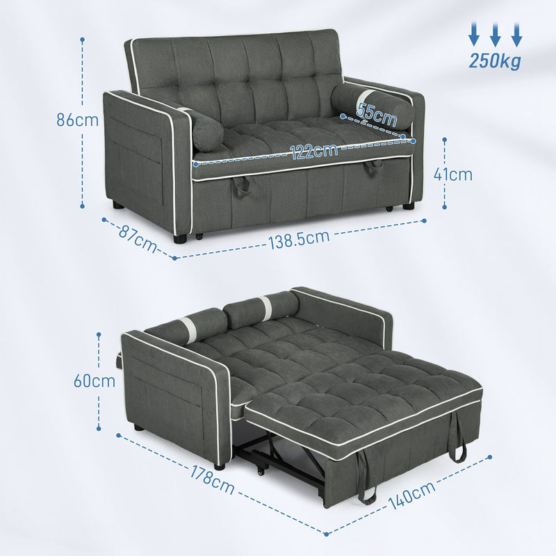 Dimension diagram showing the 138.5 x 87 x 86cm sofa and 178 x 140 x 60cm bed size