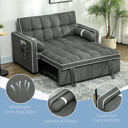 Sofa bed reclined into bed mode showing linen-feel fabric, cylindrical pillows and track armrests
