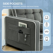 Close-up of the side pocket holding a book, remote and glasses