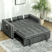 Sofa bed pulled fully out into bed mode in a styled bedroom setting