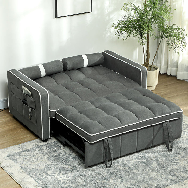 Sofa bed pulled fully out into bed mode in a styled bedroom setting