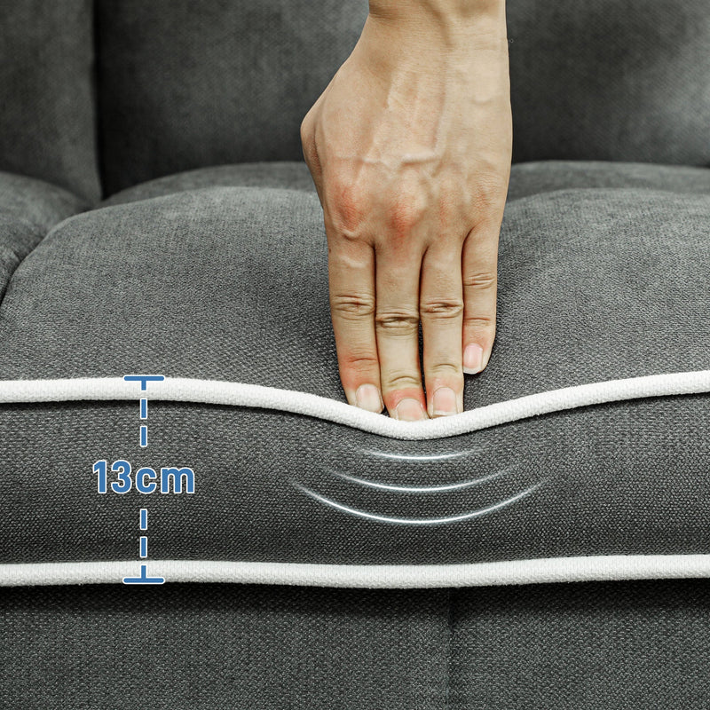 Close-up of the 13cm seat cushion thickness with a hand pressing the fabric