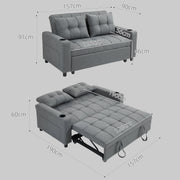 Dimension diagram showing sofa mode 157W x 90D x 91H cm and bed mode pulled out to 190cm