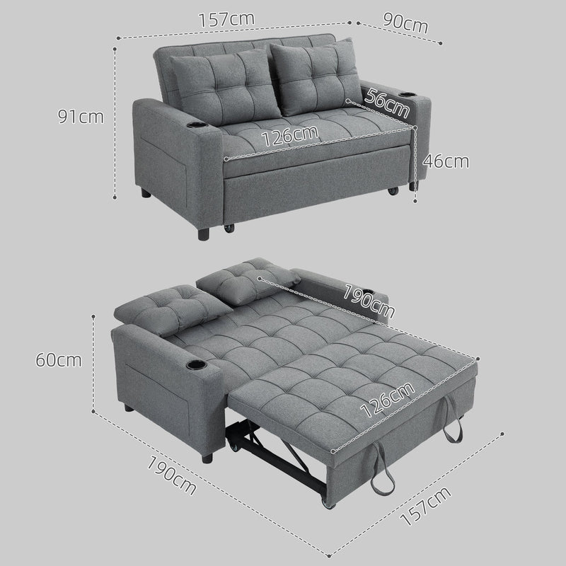 Dimension diagram showing sofa mode 157W x 90D x 91H cm and bed mode pulled out to 190cm