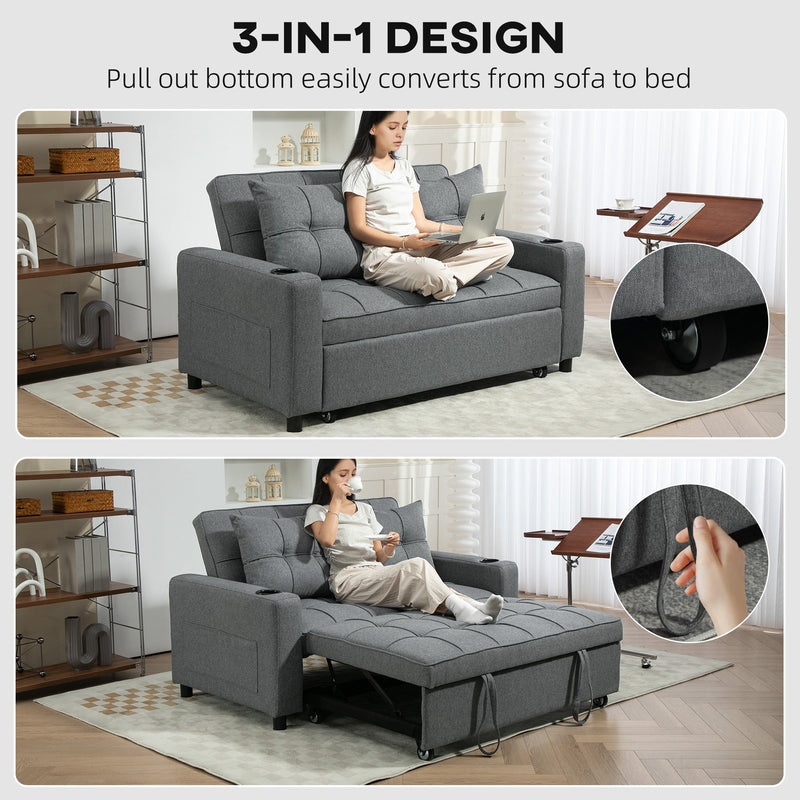Two-step montage showing the pull-out mechanism converting sofa to bed