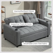 Labelled lifestyle shot showing overstuffed back pillows and supportive track armrests