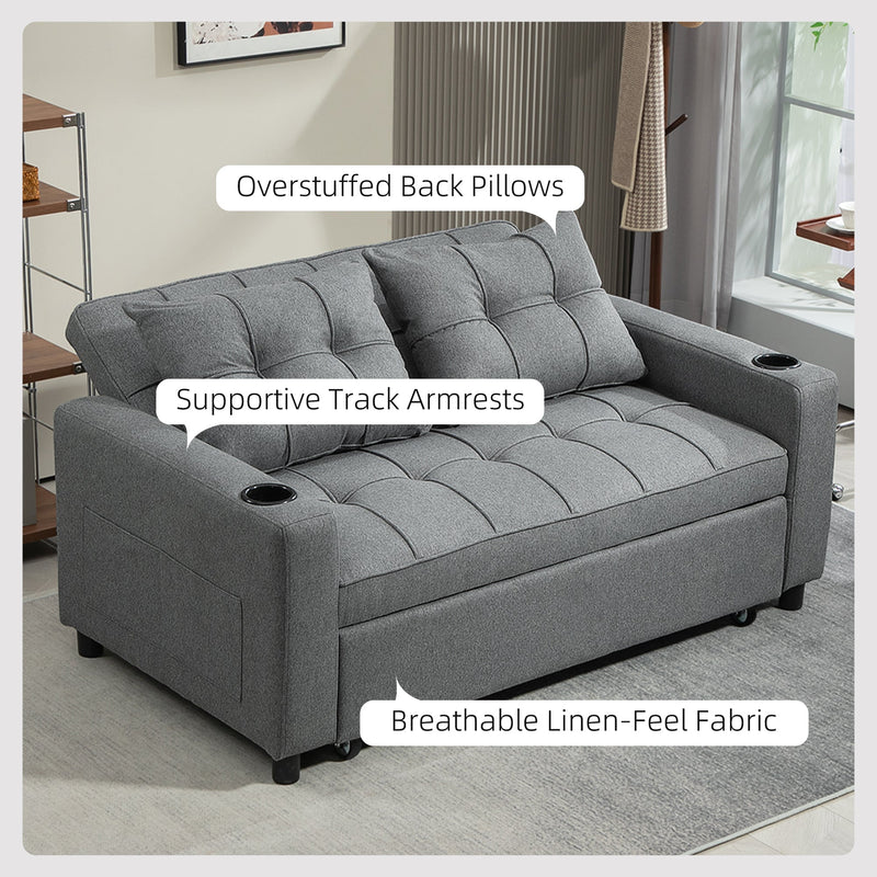 Labelled lifestyle shot showing overstuffed back pillows and supportive track armrests