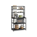 Vasagle charcoal grey and black kitchen storage rack with five shelves in a kitchen